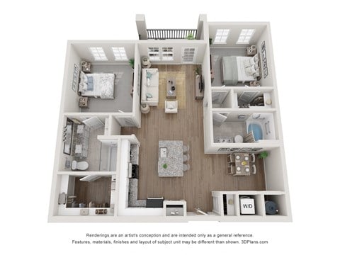 Floor plan for 2 beds, 2 baths, 1128 sqft